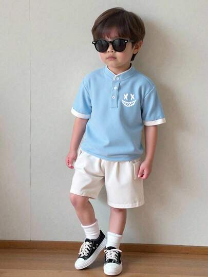 2pcs/Set Boys' Comfortable Cartoon Pattern Stand Collar Contrast Color Casual Everyday Knit Sweater T-Shirt And Woven Shorts