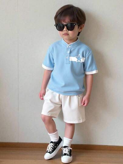 2pcs/Set Boys' Comfortable Star Pattern Contrast Color Collar Casual Knit Sweater T-Shirt And Woven Shorts