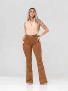 Faraya Jeans Women's Flare Jeans Available In Beige/Khaki/Brown/Black/White/Green, Super Comfortable, High-Waisted With Lycra. - 駝色 - 查看 3
