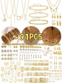 37-68pcs Elegant Vintage Butterfly, Heart, Faux Pearl, Twist Knot, Star, Moon, Rhinestone, Wide Band, Snake Chain, Braid Chain, Geometric C-Shape Earrings, Necklaces, Rings, Bracelets Jewelry Set, Suitable For Holidays, Parties, Daily Wear, Holiday Gifts