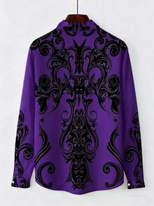 男士复古几何印花长袖衬衫，修身哥特风休闲衬衫，适合万圣节、节日、日常穿着、春秋季节。 - 紫色 - 查看 3