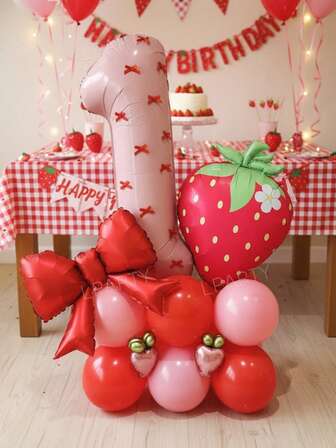 29pcs/Set Strawberry Theme Birthday Party Balloon Decoration Set, 32-Inch Pink Number 0-9 Birthday Party Decoration Balloons, Red Bow Decor Foil Balloons, Strawberry Shaped Foil Balloons, 5-Inch Pink Heart Foil Balloons, 10-Inch Red And Pink Latex Balloons, Suitable For 1st Birthday, Anniversary, Christening Celebration, Spring, Outdoor Party, Fruit Theme Birthday Party Decorations