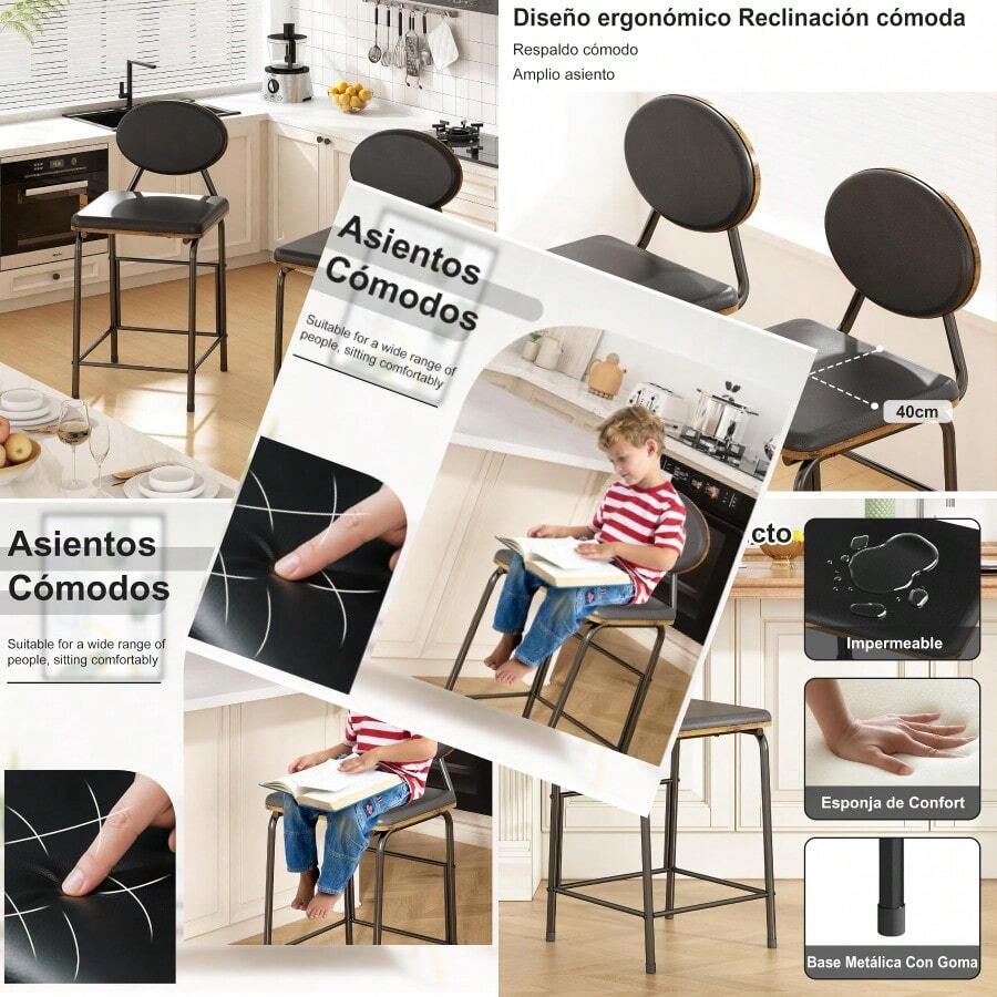 ASDGILLAS Set de 2 Bancos para BarraSillas Altas Minimalistas y Elegantes. Adecuadas para Cocinas Comedores y Restaurantes.Apto Tanto para Interiores como para Exteriores - Cuero - Ver 1