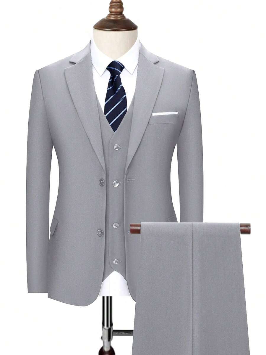 WindsorQuad Furuyal 4-Piece Men's Suit Set, Solid Color Design, Elegant Single-Breasted Slim Fit, Includes Suit Jacket, Trousers, Tie, Suitable For Weddings, Parties, Galas, Formal & Business Occasions, Light Gray, Size XS-3XL - 淺灰色 - 查看 1