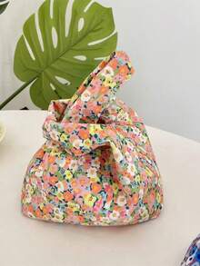 1 pieza Bolsa de almuerzo con flores lindas, bolso de hombro tipo tote para damas, bolso de compras con estampado floral dulce para mujer, bolso de almuerzo de dibujos animados casual y portátil, bolso de mano pequeño para damas, bolso de comida, bolso de viaje y picnic