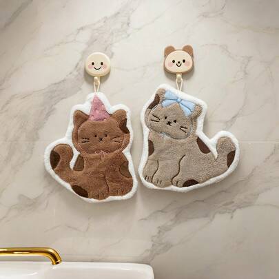 1 Khăn tay hình mèo nâu dễ thương, khăn thấm hút tốt, kiểu treo, thích hợp cho nhà bếp, phòng tắm, trang trí phòng ngủ, thấm hút tốt và dễ vệ sinh, khăn bếp, khăn tắm