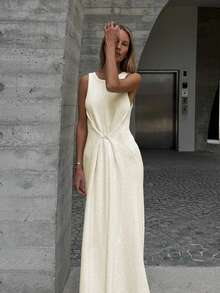 Women's Round Neck Sleeveless French Elegant Fitted Maxi Dress, Button Decor, Casual Everyday Wear, Travel & Street Style Spring - Apricot - View 7