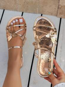 女士时尚蝴蝶花朵平底人字拖，夏季休闲沙滩拖鞋 - 玫瑰金 - 查看 3