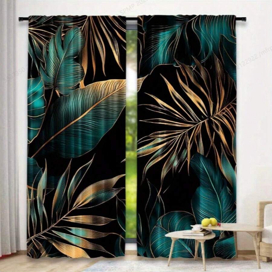 2pcs Blackout Tropical Palm Leaf Curtains - Woven Polyester Linen-Like, With Rod Pocket, Modern Style, Machine Washable, Bedroom Embossed Floral Print - Multicolor - View 1