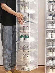 12/6 piezas Cajas de almacenamiento de zapatos apilables de plástico transparente, cajas organizadoras de zapatos duraderas con puerta transparente, adecuadas para el armario, aptas para zapatillas, se pueden apilar en un estante para zapatos o en un gabinete para zapatos - Multicolor - Ver 5