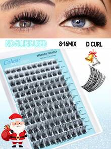 Pestañas postizas con segmentos autoadhesivos sin pegamento, estilo racimo, rizo C, extensión de pestañas sin pegamento, amigable para principiantes, 8/10/12/14/16mm 0.07C/D Rizo, adecuado para viajes, uso diario, bodas, citas, fiestas, festivales, muy adecuado para Navidad/Halloween/regalos de paquetes de pestañas - Negro - Ver 12