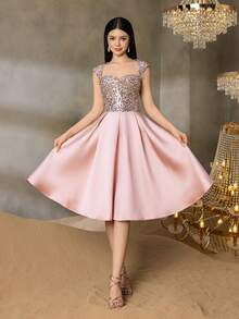 Alisa&Leo Teen Girls' Sequin Graduation Dress - Sweetheart Neckline With Fitted Satin Bodice, A-Line Satin Skirt For School Proms, Wedding Guest Outfits, Birthday Parties & Holiday Gatherings - Baby Pink - View 5