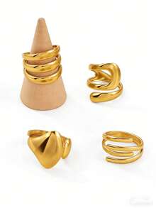 4pcs Stainless Steel Gold-Tone Multi-Layer Asymmetrical Open Ring Set, Suitable For Women's Daily Decoration Or Gift - Yellow Gold - View 2