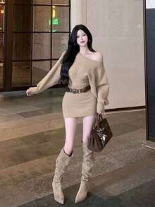 2025 New Y6Y Off-Shoulder Long Sleeve Sweater Dress With Belt, Sexy & Slimming Bodycon Dress For Women, Autumn