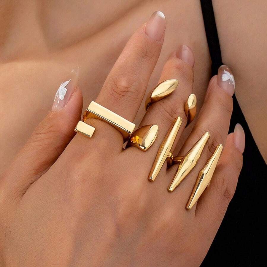 4件套不对称金属光泽独特设计女士戒指套装，非常适合新年派对和作为礼物 - 金色 - 查看 1