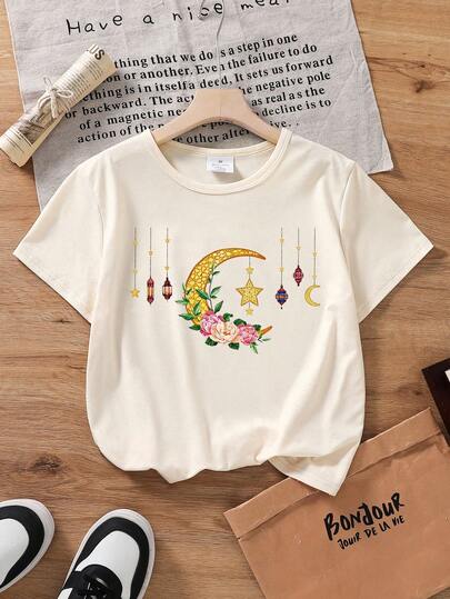 女童斋月星月灯笼花卉印花短袖T恤