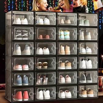 6/12pcs Waterproof And Durable Shoe Storage Box, Multi-Purpose Transparent Shoe Box, Foldable And Stackable, Improve Home Efficiency For Shoe Stores, Drawer Shoe Cabinet, Moisture-Proof And Dust-Proof Creative Freely Assembled Shoe Wall