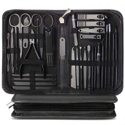 32pcs Stainless Steel Nail Clipper Set, Includes Nail & Toenail Trimmer, Eyebrow Tools, Manicure Care Kit, Black Travel Storage Bag, Great Christmas Gift For Men