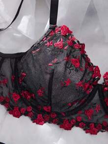 Conjunto de lencería romántica de rosa roja para mujer - Sujetador y pantie de encaje transparente, conjunto de 2 piezas - Negro - Ver 3