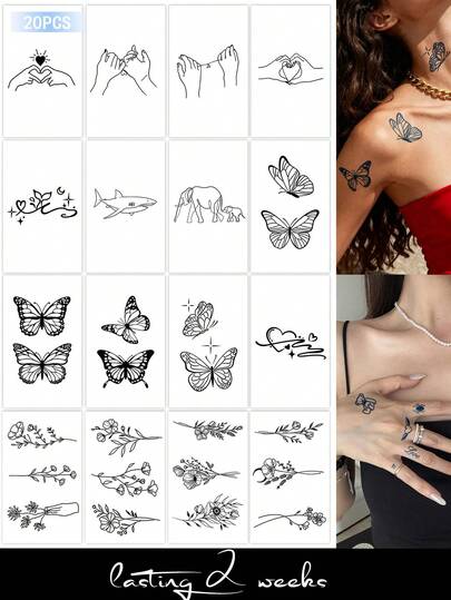 20 PCS Herbal Juice Semi-Permanent Finger Tattoo Stickers - Magic Tattoo Peel-Off Decorative Tattoos For Minimalist Designs. Features Fresh Texture Hand Designs, Heart, Butterfly, Flower, Animal, Food, Decoration, Symbol Patterns. Lasts 7-14 Days Without Color Loss Or Reflection. Suitable For Collar, Arm, Wrist, Shoulder, Back, Body. Semi-Permanent Tattoo, Waterproof, Non-Reflective. Fake Tattoo.
