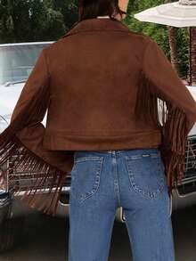 LUNA Chaqueta casual con flecos para mujer, adecuada para usar en primavera y otoño. - Marrón - Ver 4