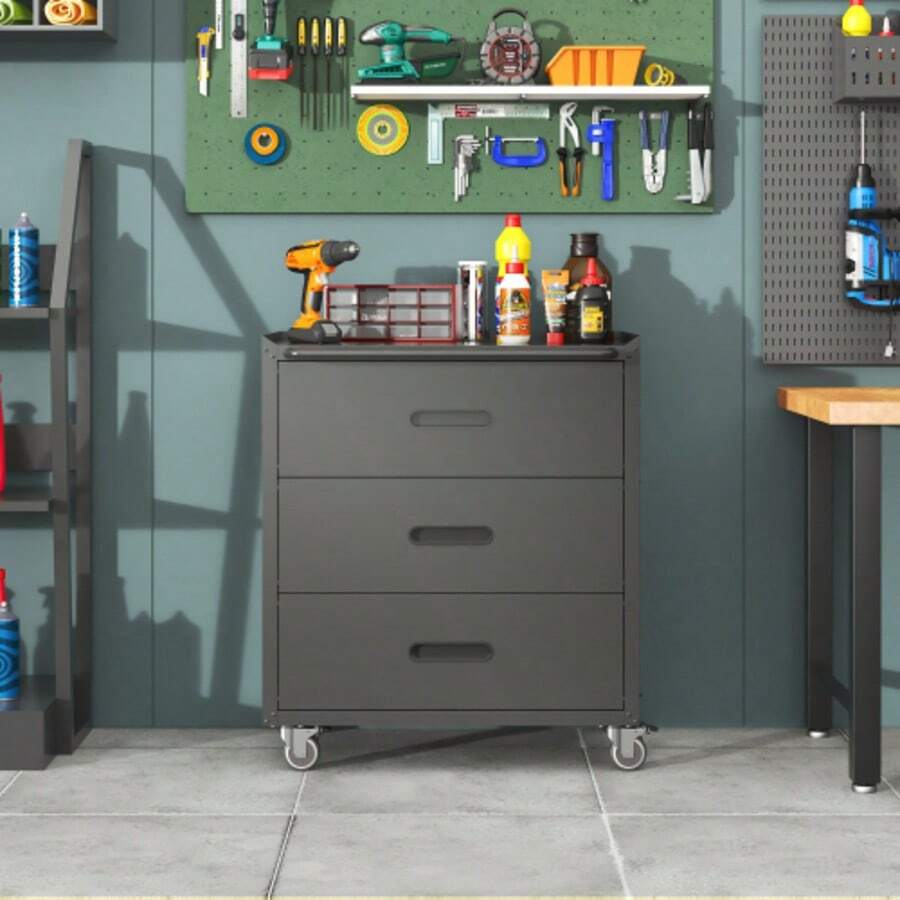 High-Quality, Rolling Metal Tool Cabinet – 3-Drawer Tool Cabinet, 75 * 42 * 88 Cm, Black/Grey, For Garage, Office And Home - Black - View 1