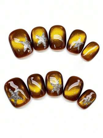 10pcs Pure Handmade Press On Nails Short Nails Oval Nails Brown Nails Vintage Luxury Style Brown Cat-Eye With Glittering Flash Hand-Painted Silver Sparkly Star Pattern Minimalist Elegant Press-On Nails For Women And Girl,Spring Summer Fall Winter Festivals Party And Dailys Life Use