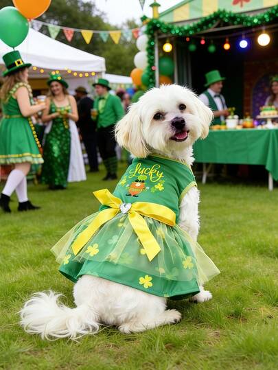 St. Patrick's Day Dog Dress, Pet Tulle Dress With Bow Tie And Clover, Holiday Dog Dress With Hat, Suitable For Small Dogs, Puppies And Cats (S/M/L/XL)