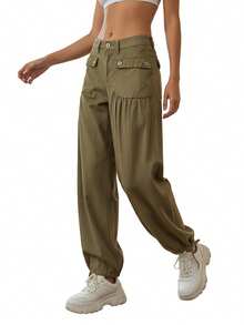 Women's Wide Leg Jeans Fashionable Casual Pleated Denim Joggers Pants With Pockets - Green - View 6
