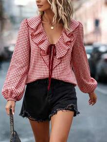 Blusa con estampado de cuadros , volantes y nudo delantero, para primavera - Rojo - Ver 5