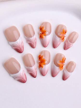 10pcs/Set Handmade Gradient Blue & White Press On Nails Mid-Length Almond Nails,French Nails, 3D Hand-Dripped Resin Flowers.Detachable Fake Nails, Nail Art,Suitable For Party, Dance, Daily Wear, Student Party, Cosplay, Press-Ons Reusable Nails, With Jelly Glue And Nail File DIY Nail Supplies