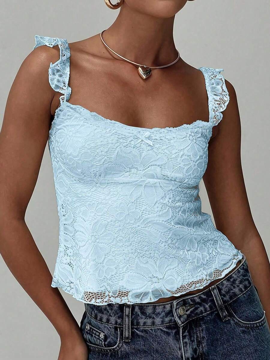 Sexy Lace Design Ruffle Strap Bow Lace Patchwork Sleeveless Camisole, New For Spring/Summer Casual - Blue - View 1