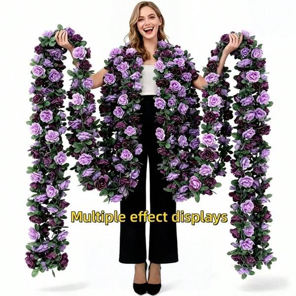 2株人造渐变色玫瑰藤蔓，花朵饱满，层次丰富，可灵活造型。适用于婚礼拱门装饰、走道布置和墙面装饰。也可悬挂于阳台栏杆或客厅天花板。专为浪漫场景设计：是婚礼场地景观和家居装饰的理想之选，营造柔和梦幻的春夏氛围。