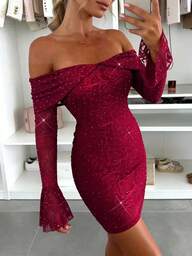 Bayanlar İçin Zarif, Seksi, Romantik, İnce Kesimli Elbise: İlkbahar/Yaz 2026 Yeni, İnce Kesimli, Esnek, Rahat, Yumuşak, Taşlı Gül Desenli Örme Kumaş, Tek Omuzlu, Kloş Kollu, Düz Kırmızı Uzun Kollu Etek, Buluşmalar, Partiler, Sevgililer Günü ve Diğer Etkinlikler İçin Uygundur.