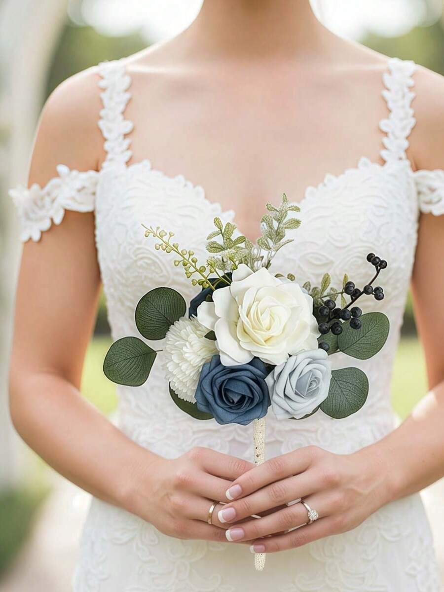 2 件装婚礼伴娘花束人造花伴娘丝绸花束质朴小婚礼花艺中心装饰适用于派对仪式求婚餐桌装饰派对礼品房间装饰