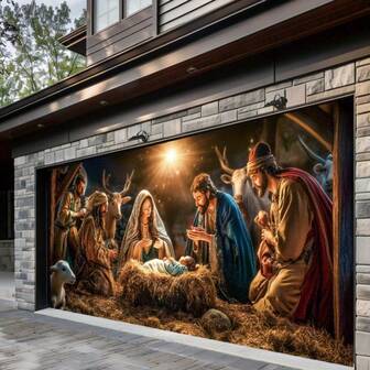 Pancarta de puerta de garaje con escena de nacimiento, tapiz de poliéster con decoración exterior de María y José, adecuado para ambiente festivo y de fiesta, pastores, Año Nuevo, decoración interior