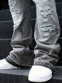 男士喇叭牛仔裤，修身破洞喇叭裤，Y2K堆叠式牛仔裤，撞色水洗刺绣牛仔裤，适合所有季节 - 灰色 - 查看 7