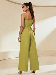 1-częściowy kombinezon w jednolitym kolorze z odkrytymi plecami i wiązaniem dla kobiet, odpowiedni na święta, wakacje, do noszenia na co dzień, na randkę, na wiosnę/lato - Zielony - Zobacz 2