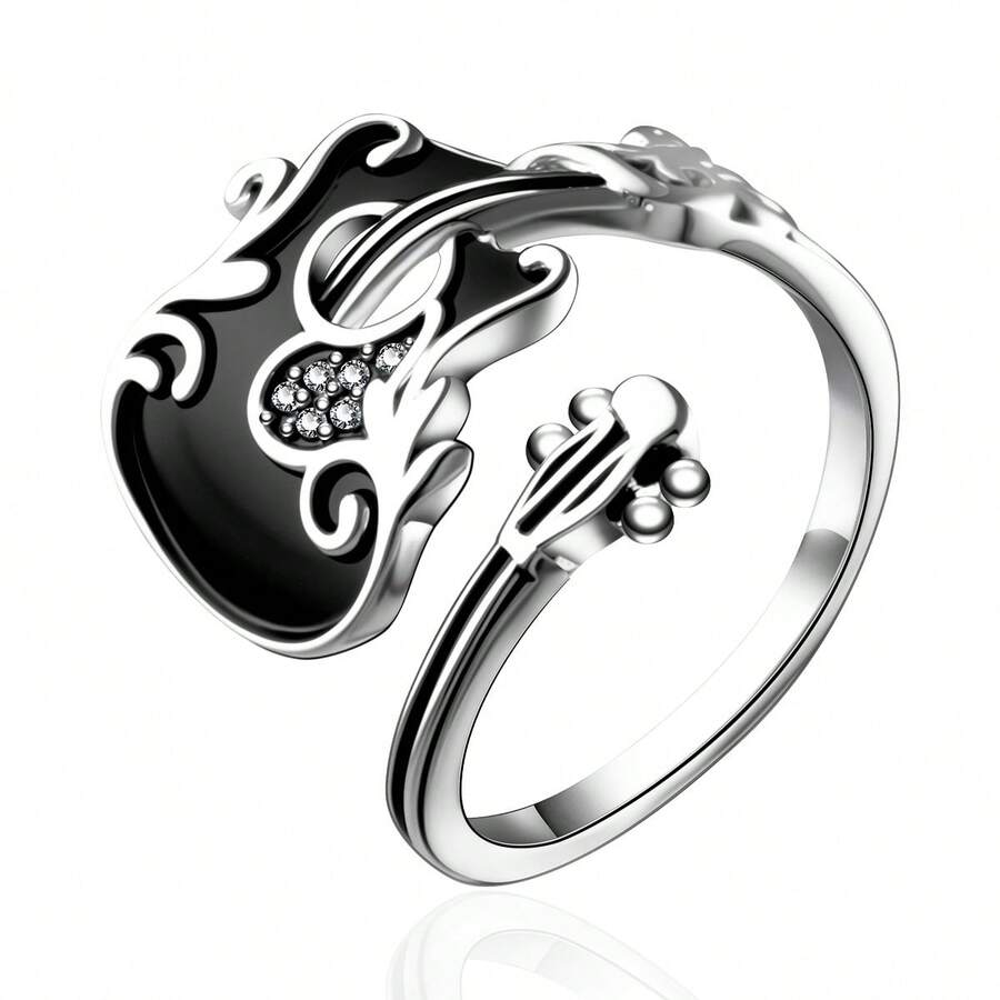 Anel feminino em prata de lei 925 com zircônia cúbica em formato de guitarra, estilo vintage, personalizado para uso diário, festas, presente para familiares e amigos, feriados e aniversários. Acompanha caixa para presente. - Prata antiga - Ver 1
