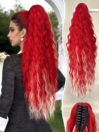 爪形马尾辫红色 26 英寸长水波纹发丝耐热纤维合成马尾辫适合女士和女孩在派对上日常使用