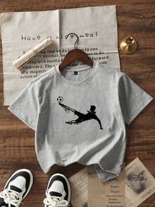 男童休闲印花圆领短袖T恤，夏季上衣 - 淺灰色 - 查看 3