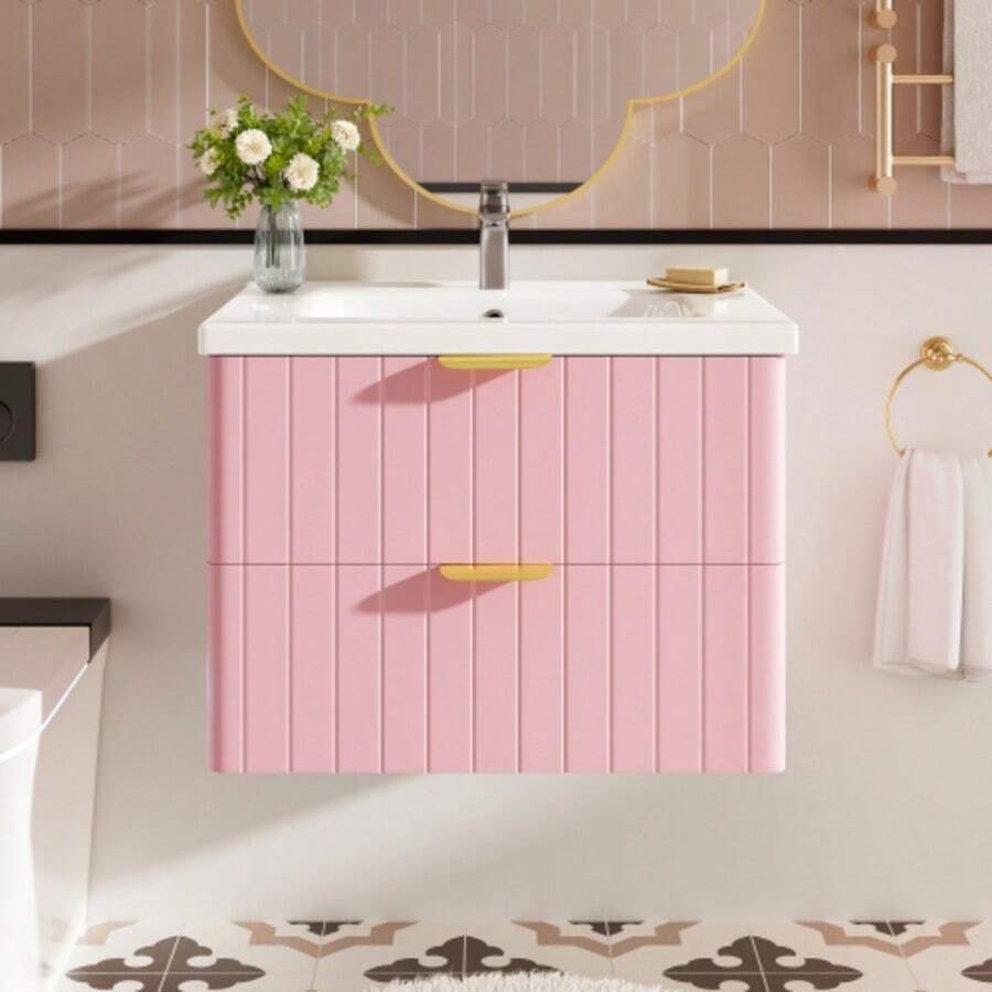Wall-Hung Vanity Unit With A Single Basin And Double Compartment, Made Of Moisture-Resistant MDF, With A Stain-Resistant Ceramic Basin And An Unlacquered Melamine Surface. Space-Saving And Available In Pink. - Pink and White - View 1