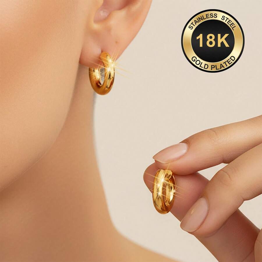 高品质不锈钢女士圈形耳环，耐磨高抛光自然表面，低过敏性316L耳针，优雅迷人时尚简约经典风格，适合日常、节日、度假派对等场合佩戴。 - 金色 - 查看 1