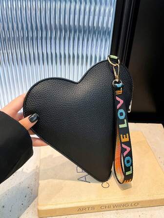 Women's Fashion Personalized Heart-Shaped Solid Color PU Leather Clutch, Suitable For Business Banquets, Can Also Be Used As An Elegant Phone And Coin Purse. Resort Travel Cosmetic Handbag, With Wrist Strap Design, And Vintage Daily Commute Wallet-Style Handbag.