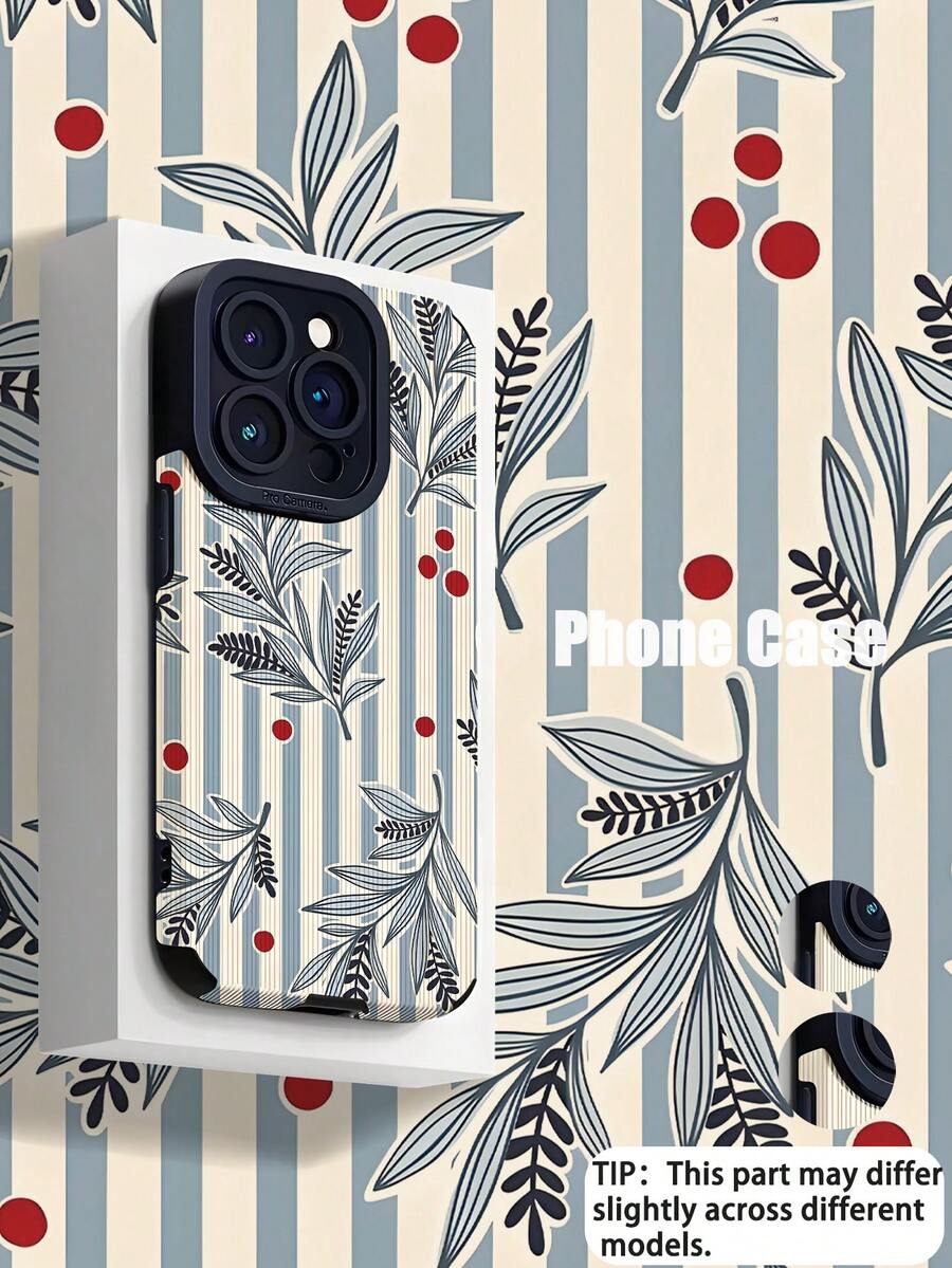 1pc Fashionable Minimalist Blue & White Striped, Red Dot, Leaf Pattern Vertical Textured Protective Phone Case, Suitable As Birthday, Holiday Gift For Friends, Family, Couples, Compatible With Apple And Models - Multicolor - View 1