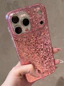 Sequins,Diamond 1PC Luxury Shiny Pink Sequin Phone Case Compatible With IPhone 17 Pro Max 16 15 14 Pro Max Minimalism Bling Soft Back Cover - Pink - View 2