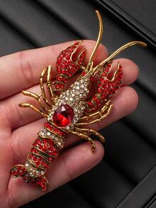 复古水钻龙虾胸针，奢华胸花别针，复古全镶钻动物饰品 - 紅色 - 查看 3