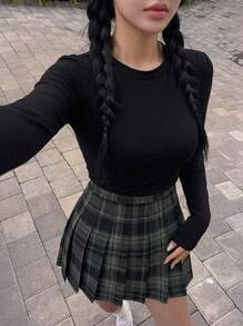 Rikumo Women's Casual Plaid Pleated Skirt Winter - Black - View 1