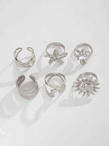 6pcs/Set Vintage Multilayer Stackable Coin Rings, Minimalist Fashion Geometric Pattern, Starfish, Sun, Faux Pearl, Ruffle, Asymmetrical Texture, Hollow Circle Rings, Elegant Retro Design, Suitable For Women's Festivals, Parties, Dates, Gifts And Daily Wear - Yellow Gold - View 6