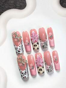 10片粉色手工法式按压美甲贴，花朵、星星、豹纹、波浪纹图案，三种尺寸：杏仁形、鸭嘴形、棺材形，适合日常、正式场合、派对、婚礼等，包含指甲锉和1片果冻贴美甲用品。 - 彩色 - 查看 18
